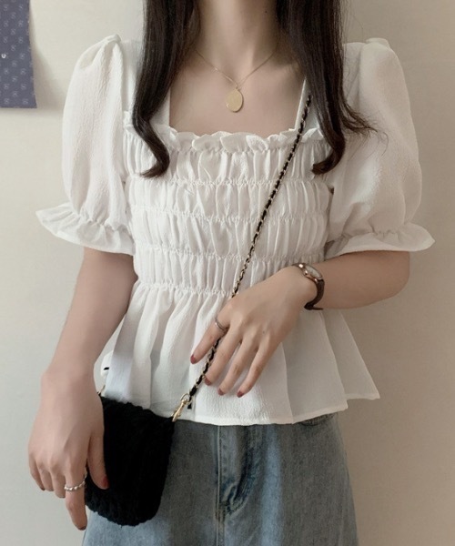 Teem Store(チームストア)の「【26年春夏新作】パフスリーブスクエアネックシャーリングブラウス 半袖 体型カバー(シャツ/ブラウス・レディース・ホワイト/アイボリー/ブラック・F)」の12枚目の写真