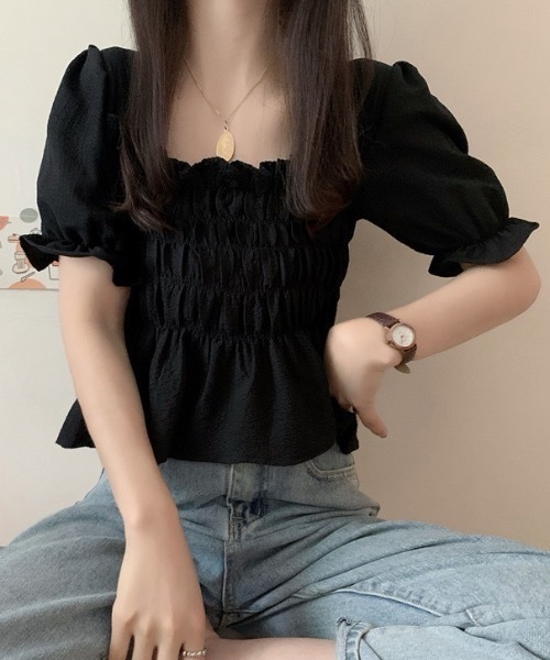 Teem Store(チームストア)の「【26年春夏新作】パフスリーブスクエアネックシャーリングブラウス 半袖 体型カバー(シャツ/ブラウス・レディース・ホワイト/アイボリー/ブラック・F)」の13枚目の写真