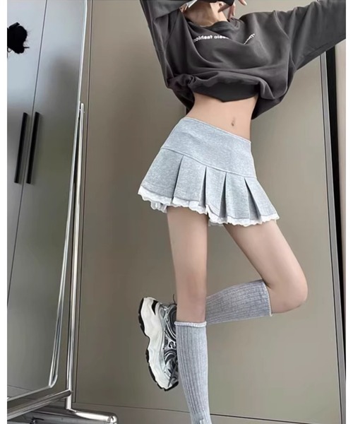 CHEER（チアー）の「裾レースローウエストプリーツスカート（スカート・レディース・グレー/ブラック・S）」の5枚目の写真