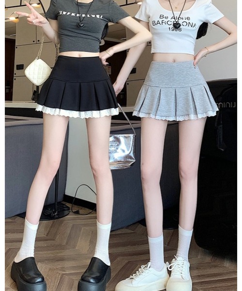 CHEER（チアー）の「裾レースローウエストプリーツスカート（スカート・レディース・グレー/ブラック・S）」の7枚目の写真