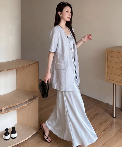 DRESS PLUS（ドレスプラス）の「シルクタッチジャケット スカートセットアップ（セットアップ・レディース・ラベンダー/ブルー/アイボリー・M/L）」の4枚目の写真