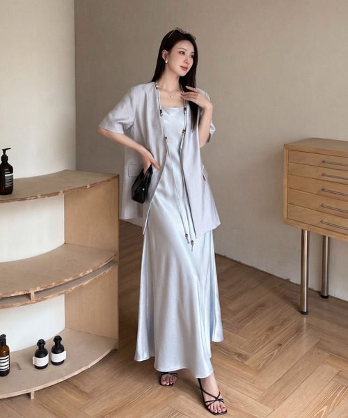 DRESS PLUS（ドレスプラス）の「シルクタッチジャケット スカートセットアップ（セットアップ・レディース・ラベンダー/ブルー/アイボリー・M/L）」の5枚目の写真