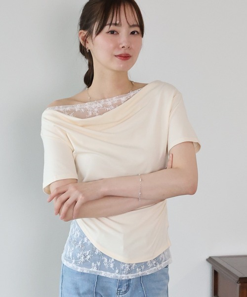 BLUEEAST（ブルーイースト）の「レースドッキングドレープカットソー（Tシャツ/カットソー・レディース・ブルー/グレー/ベージュ/ブラック/チャコールグレー・MEDIUM）」の13枚目の写真