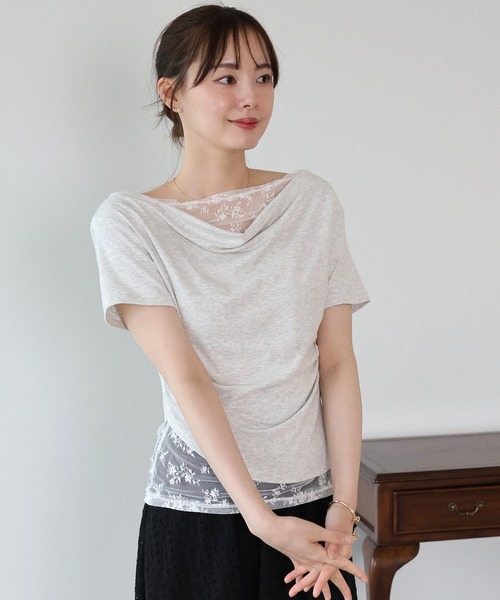 BLUEEAST（ブルーイースト）の「レースドッキングドレープカットソー（Tシャツ/カットソー・レディース・ブルー/グレー/ベージュ/ブラック/チャコールグレー・MEDIUM）」の6枚目の写真