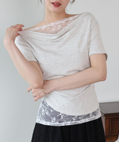BLUEEAST（ブルーイースト）の「レースドッキングドレープカットソー（Tシャツ/カットソー・レディース・ブルー/グレー/ベージュ/ブラック/チャコールグレー・MEDIUM）」の9枚目の写真