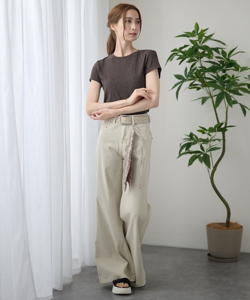 DAYRA（デイラ）の「ベルト付き ハイウエスト ベーシック ワイド ロング（デニムパンツ・レディース・ブルー/グレイッシュベージュ・S/M/L/XL）」の3枚目の写真