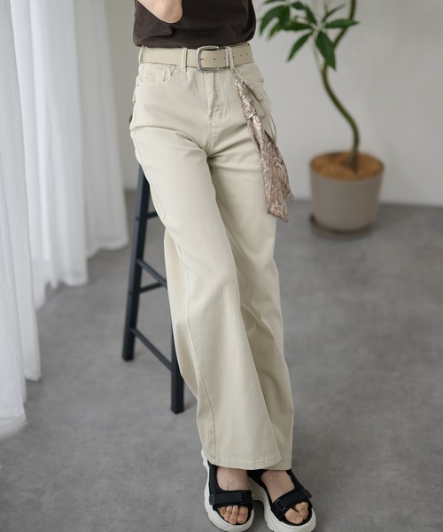 DAYRA（デイラ）の「ベルト付き ハイウエスト ベーシック ワイド ロング（デニムパンツ・レディース・ブルー/グレイッシュベージュ・S/M/L/XL）」の7枚目の写真