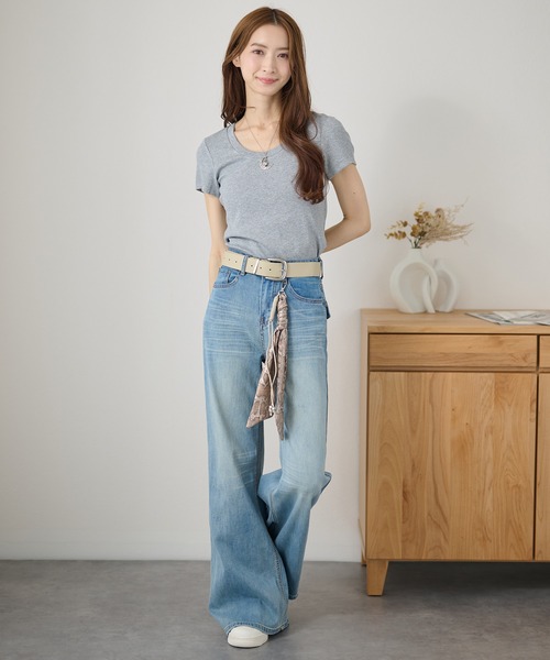 DAYRA（デイラ）の「ベルト付き ハイウエスト ベーシック ワイド ロング（デニムパンツ・レディース・ブルー/グレイッシュベージュ・S/M/L/XL）」の9枚目の写真
