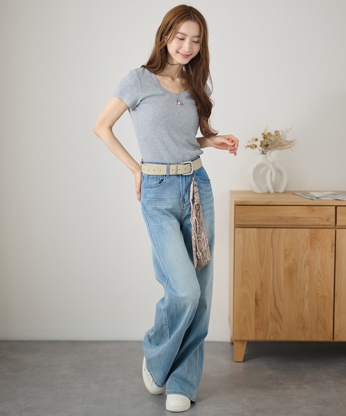 DAYRA（デイラ）の「ベルト付き ハイウエスト ベーシック ワイド ロング（デニムパンツ・レディース・ブルー/グレイッシュベージュ・S/M/L/XL）」の14枚目の写真