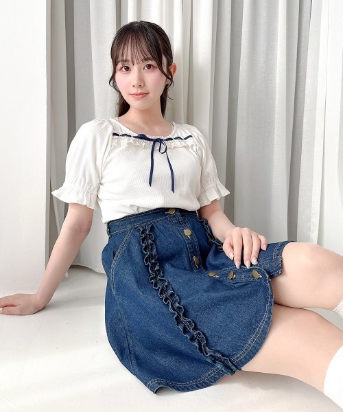 F i.n.t（フィント）の「フリル使いデニムミニスカート/fint フィント（デニムスカート・レディース・インディゴブルー/ブラック・FREE）」の8枚目の写真