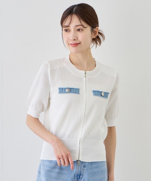 Jayro(ジャイロ)の「デニム配色ジップアップニットカーディガン(カーディガン/ボレロ・レディース・ホワイト系その他/ブラック系その他・FREE)」の1枚目の写真