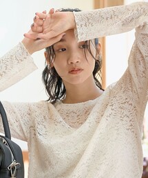 プリーツレース クルーネック 長袖トップス
