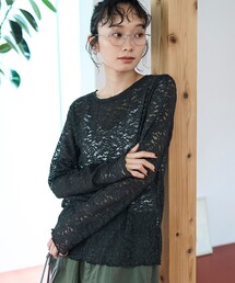 プリーツレース クルーネック 長袖トップス