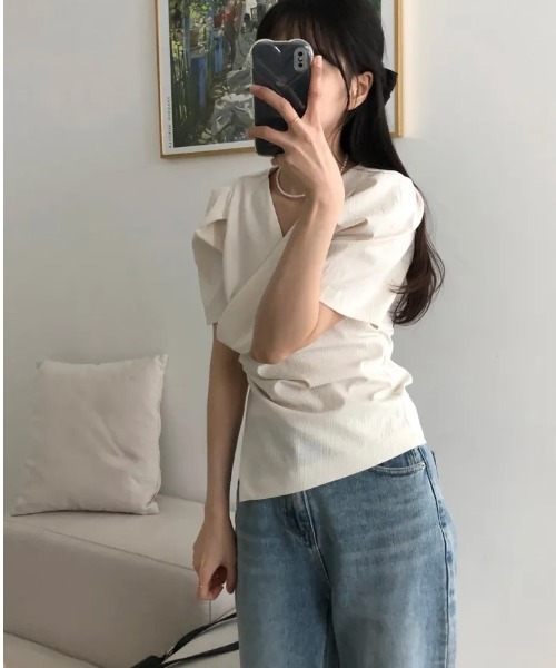 semuse(セミューズ)の「カシュクールアシメトリー高見え美人ブラウス(シャツ/ブラウス・レディース・ブラック/アイボリー・FREE)」の5枚目の写真