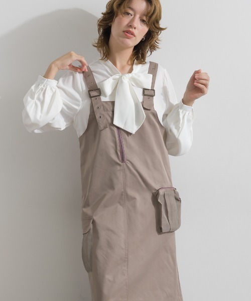 Material（Avenue）（マテリアル）の「【Material】圧縮ツイル メッシュワークポケット アジャスタブルストラップ ジャンパースカート ジャンスカ（ジャンパースカート・レディース・ブラック/ピンクベージュ/ダークカーキ・FREE）」の5枚目の写真