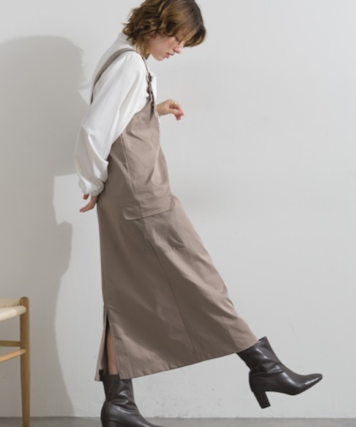 Material（Avenue）（マテリアル）の「【Material】圧縮ツイル メッシュワークポケット アジャスタブルストラップ ジャンパースカート ジャンスカ（ジャンパースカート・レディース・ブラック/ピンクベージュ/ダークカーキ・FREE）」の8枚目の写真