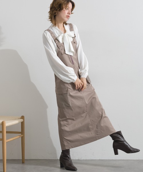 Material（Avenue）（マテリアル）の「【Material】圧縮ツイル メッシュワークポケット アジャスタブルストラップ ジャンパースカート ジャンスカ（ジャンパースカート・レディース・ブラック/ピンクベージュ/ダークカーキ・FREE）」の10枚目の写真