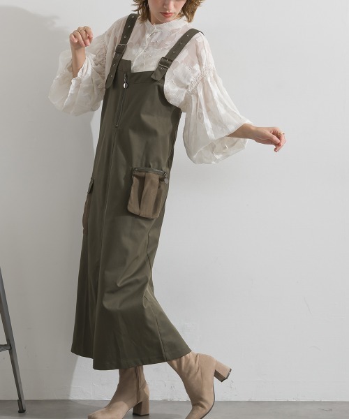 Material（Avenue）（マテリアル）の「【Material】圧縮ツイル メッシュワークポケット アジャスタブルストラップ ジャンパースカート ジャンスカ（ジャンパースカート・レディース・ブラック/ピンクベージュ/ダークカーキ・FREE）」の12枚目の写真