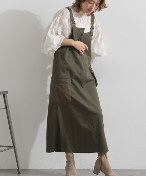 Material（Avenue）（マテリアル）の「【Material】圧縮ツイル メッシュワークポケット アジャスタブルストラップ ジャンパースカート ジャンスカ（ジャンパースカート・レディース・ブラック/ピンクベージュ/ダークカーキ・FREE）」の14枚目の写真