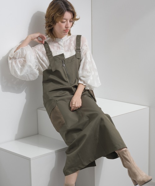 Material（Avenue）（マテリアル）の「【Material】圧縮ツイル メッシュワークポケット アジャスタブルストラップ ジャンパースカート ジャンスカ（ジャンパースカート・レディース・ブラック/ピンクベージュ/ダークカーキ・FREE）」の16枚目の写真