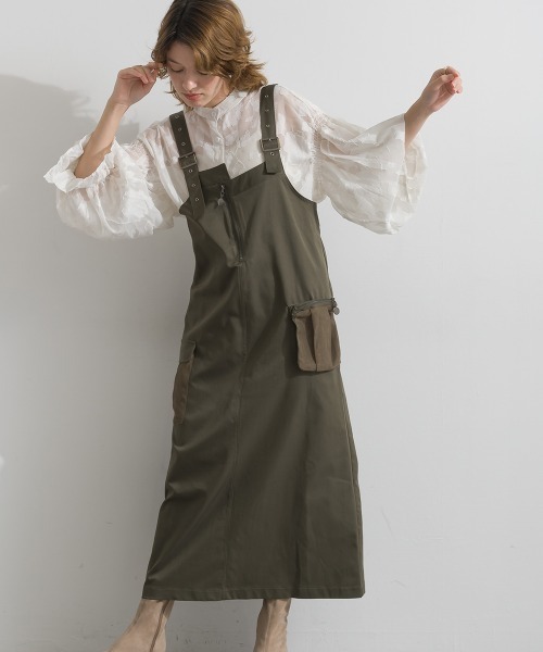 Material（Avenue）（マテリアル）の「【Material】圧縮ツイル メッシュワークポケット アジャスタブルストラップ ジャンパースカート ジャンスカ（ジャンパースカート・レディース・ブラック/ピンクベージュ/ダークカーキ・FREE）」の17枚目の写真