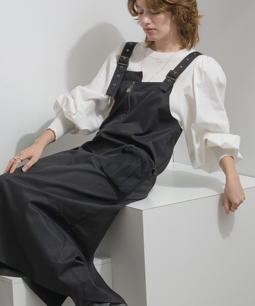 Material（Avenue）（マテリアル）の「【Material】圧縮ツイル メッシュワークポケット アジャスタブルストラップ ジャンパースカート ジャンスカ（ジャンパースカート・レディース・ブラック/ピンクベージュ/ダークカーキ・FREE）」の18枚目の写真