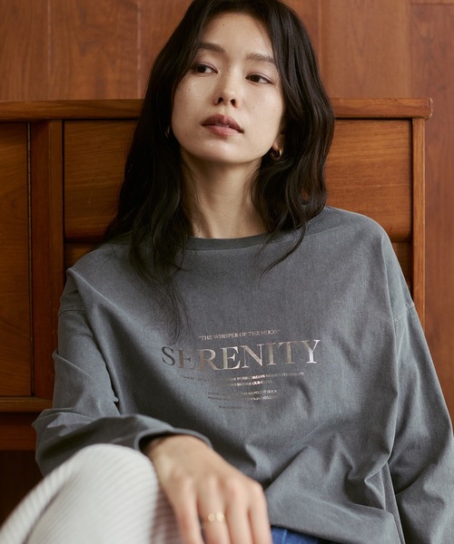 hunch(ハンチ)の「ビンテージライク 箔プリントトップス(Tシャツ/カットソー・レディース・チャコール/ライトベージュ/ブラウン・FREE)」の11枚目の写真