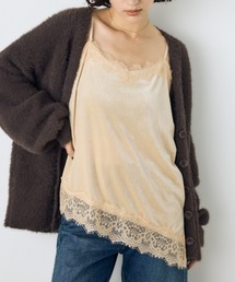 大人かわいい♪ベロアレースアシメキャミソール 秋服　冬服　春服　レイヤード　スリット入り　肩紐調整可能◎　トレンド