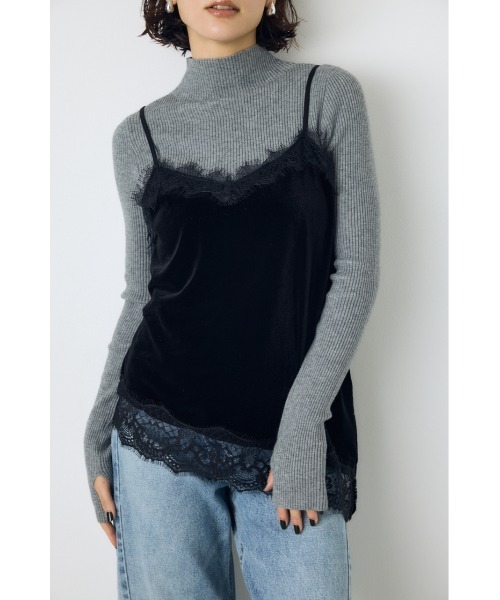 AZUL by moussy(アズールバイマウジー)の「大人かわいい♪ベロアレースアシメキャミソール 秋服 冬服 春服 レイヤード スリット入り 肩紐調整可能◎ トレンド(キャミソール・レディース・ブラック/アイボリー・FREE)」の5枚目の写真