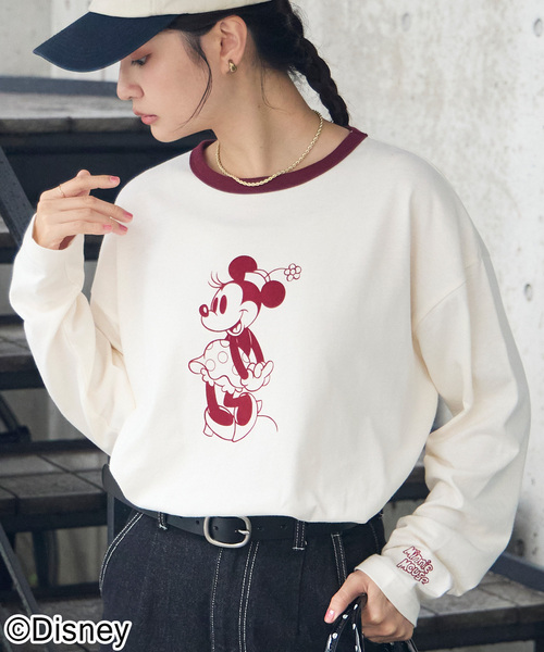 Disney(ディズニー)の「【別注】Disney / ミッキー&ミニー / プリントリンガーロンT(Tシャツ/カットソー・レディース・アイボリー系/オートミール/グレイッシュブルー/アイボリー/チャコール・L/M)」の4枚目の写真