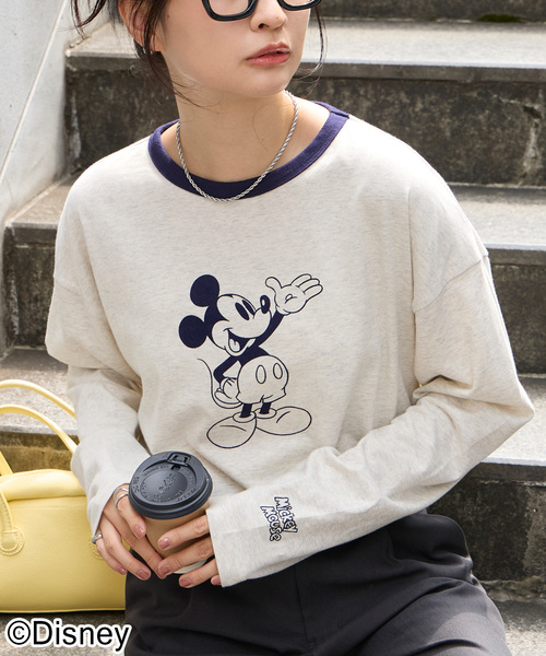 Disney(ディズニー)の「【別注】Disney / ミッキー&ミニー / プリントリンガーロンT(Tシャツ/カットソー・レディース・アイボリー系/オートミール/グレイッシュブルー/アイボリー/チャコール・L/M)」の3枚目の写真