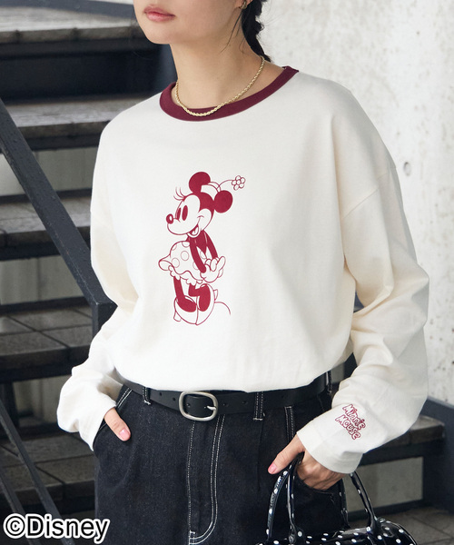 Disney(ディズニー)の「【別注】Disney / ミッキー&ミニー / プリントリンガーロンT(Tシャツ/カットソー・レディース・アイボリー系/オートミール/グレイッシュブルー/アイボリー/チャコール・L/M)」の6枚目の写真