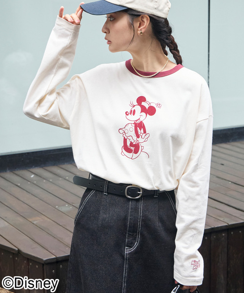 Disney(ディズニー)の「【別注】Disney / ミッキー&ミニー / プリントリンガーロンT(Tシャツ/カットソー・レディース・アイボリー系/オートミール/グレイッシュブルー/アイボリー/チャコール・L/M)」の7枚目の写真