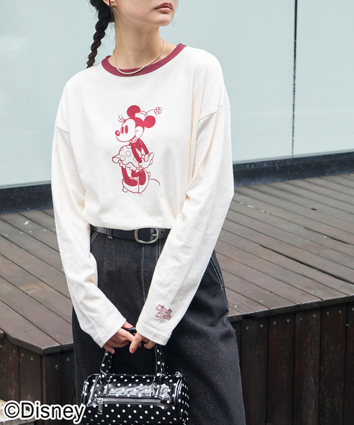 Disney(ディズニー)の「【別注】Disney / ミッキー&ミニー / プリントリンガーロンT(Tシャツ/カットソー・レディース・アイボリー系/オートミール/グレイッシュブルー/アイボリー/チャコール・L/M)」の8枚目の写真