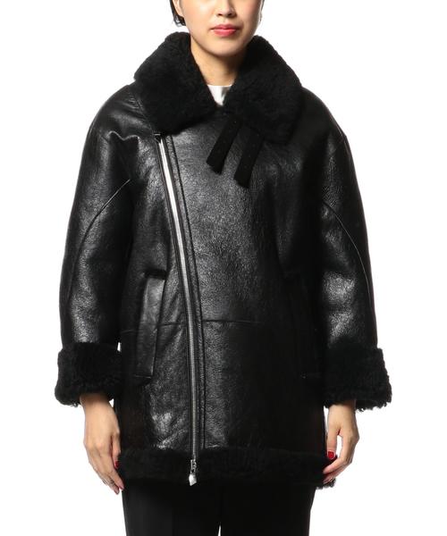 美品【ASTRAET】漆黒ムートン ライダースコート