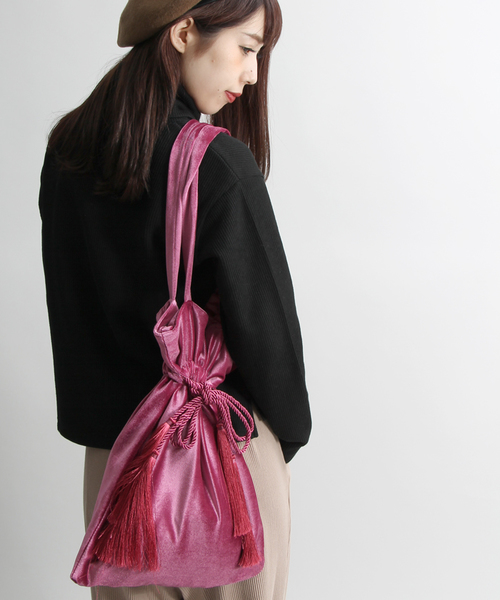 WEGO(ウィゴー)の「WEGO/ベロア巾着トートバッグ(トートバッグ・レディース・ピンク/ブラック/パープル・FREE)」の3枚目の写真