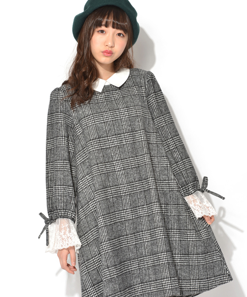 Spinns スピンズ の グレンチェック柄フェイクウール袖レースレトロワンピース ワンピース Wear
