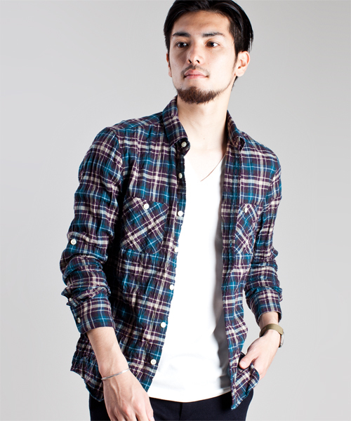 NANO universe（ナノユニバース）の「ナチュラルストレッチマドラスL/S（シャツ/ブラウス・メンズ・インディゴブルー/ブルー系その他/パープル/レッド・MEDIUM/LARGE）」の3枚目の写真