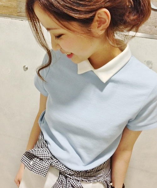 Chico（チコ）の「ワッフル衿付きTOPS（Tシャツ/カットソー・レディース・ホワイト/ブルー/グレー/ネイビー・FREE）」の4枚目の写真
