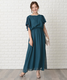 レース袖ロング丈シフォンワンピース・ドレス