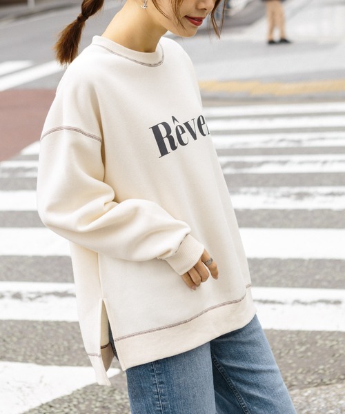 SpRay（スプレイ）の「裏起毛配色ステッチロゴカットソー（Tシャツ/カットソー・レディース・チャコールグレー/ダークグリーン/アイボリー/モカ/ダークブルー・FREE）」の11枚目の写真