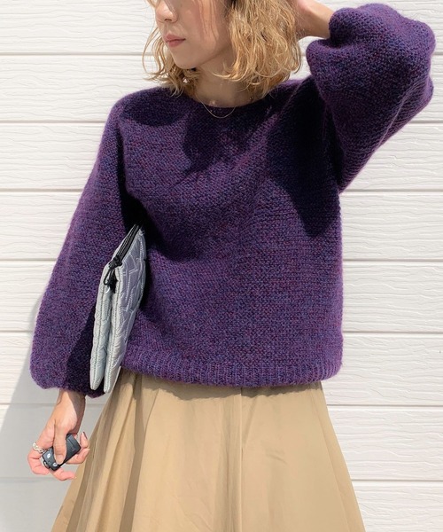 Q（キュー）の「ホールガーメント モヘヤガーター編みニット（ニット/セーター・レディース・ダークブラウン/パープル・MEDIUM）」の2枚目の写真