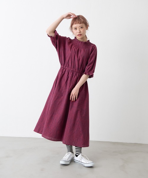 MERLOT（メルロー）の「ミックスヤーンシャーリングワンピース（ワンピース・レディース・グリーン/レッド/ベージュ・FREE）」の7枚目の写真