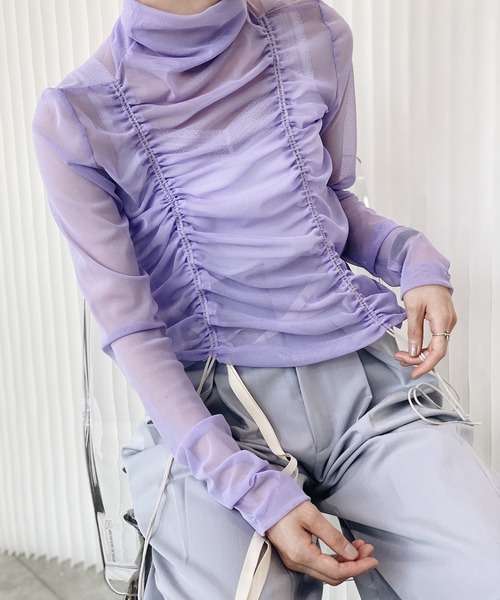 chuclla（チュクラ）の「2wayパワーメッシュ ギャザートップス chwj21s01（Tシャツ/カットソー・レディース・グリーン/ベージュ/ブラック/アイボリー/パープル・FREE）」の5枚目の写真