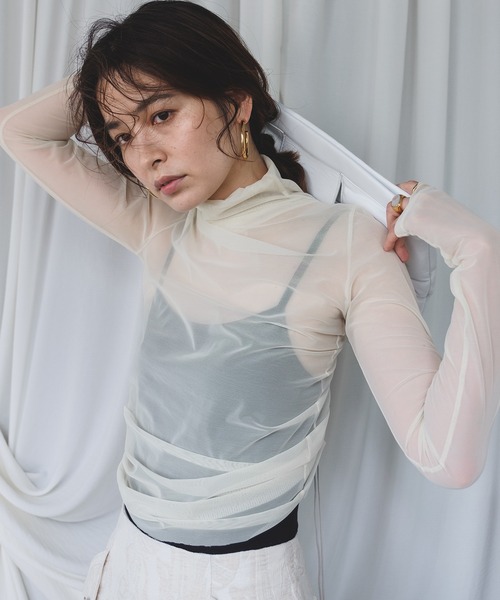 chuclla（チュクラ）の「2wayパワーメッシュ ギャザートップス chwj21s01（Tシャツ/カットソー・レディース・グリーン/ベージュ/ブラック/アイボリー/パープル・FREE）」の13枚目の写真