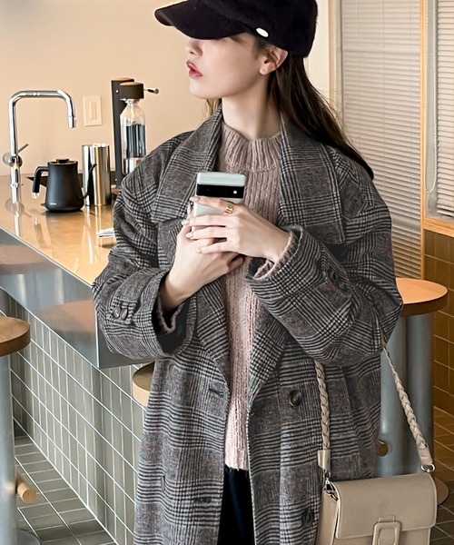 classicalelf（クラシカルエルフ）の「チェック柄LOVER。レトロチェック柄ロング丈ダブルコート（チェスターコート・レディース・ブラウン/グレー・SMALL/MEDIUM/LARGE/X-LARGE）」の11枚目の写真