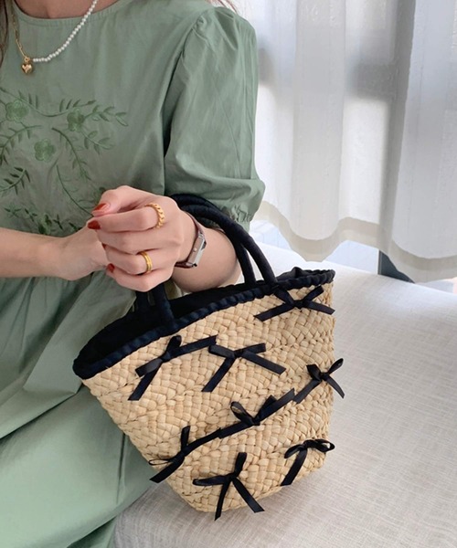 セール】リボン バスケット かごバッグ ミニ トートバッグ バレエコア