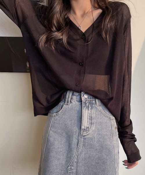 shopnikoniko（ショップニコニコ）の「カーディガン 秋冬 薄手 長袖 シアー ロング Vネック シアーカーディガン（カーディガン/ボレロ・レディース・ホワイト/ブラック/パープル/ピンク/ブルー・フリー）」の2枚目の写真