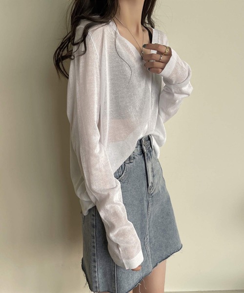 shopnikoniko（ショップニコニコ）の「カーディガン 秋冬 薄手 長袖 シアー ロング Vネック シアーカーディガン（カーディガン/ボレロ・レディース・ホワイト/ブラック/パープル/ピンク/ブルー・フリー）」の15枚目の写真