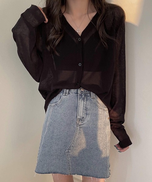 shopnikoniko（ショップニコニコ）の「カーディガン 秋冬 薄手 長袖 シアー ロング Vネック シアーカーディガン（カーディガン/ボレロ・レディース・ホワイト/ブラック/パープル/ピンク/ブルー・フリー）」の21枚目の写真